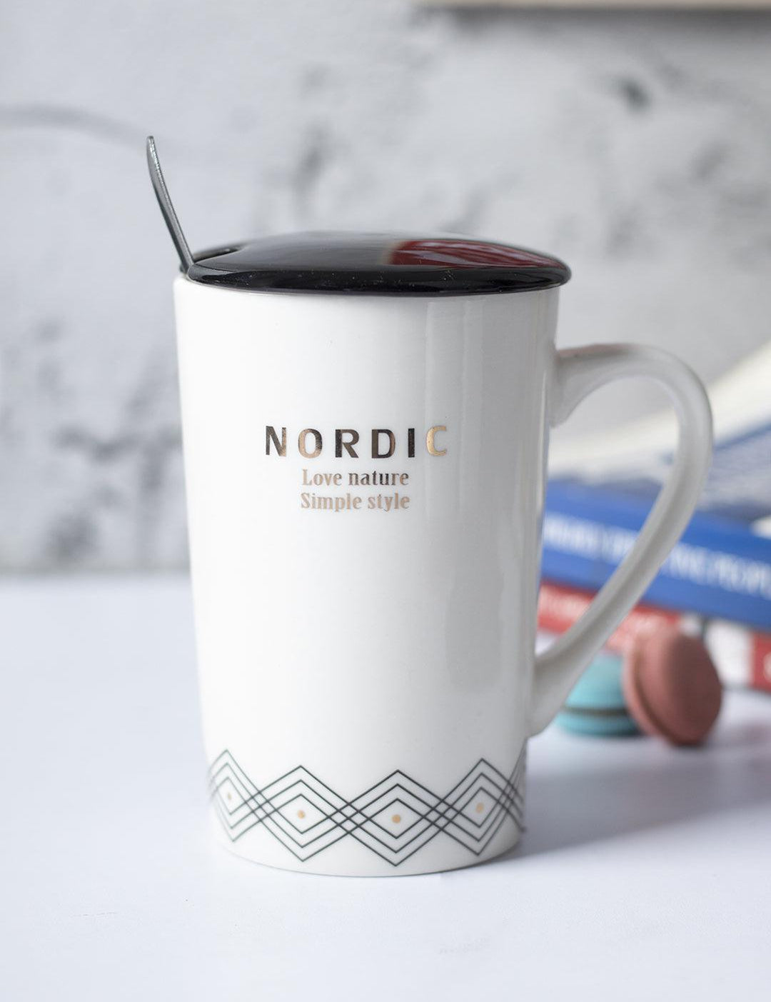 "NORDIC" Coffee Mug With Ceramic Lid and Spoon - White, 450mL