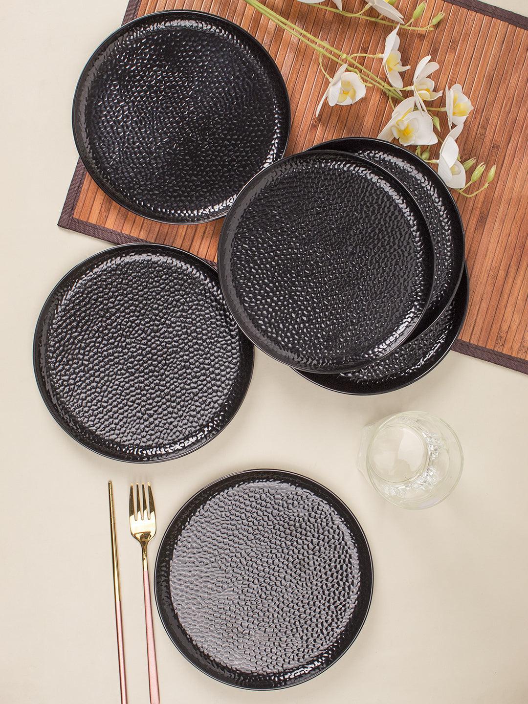 Round Quarter Plates, Half Plates, Dinner Set, Hammered Melamine, Black, Pack of