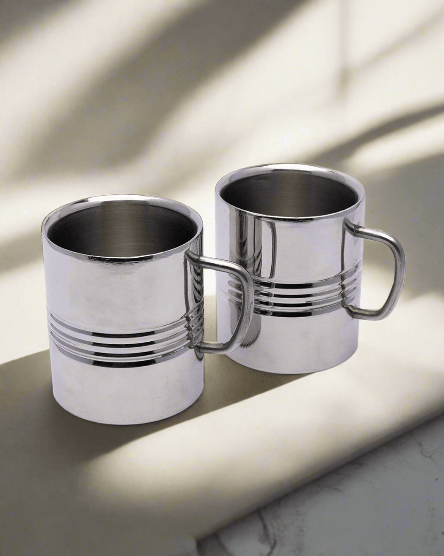 Stainless Steel Coffee Mugs, Wall Comfortable Wider Handle, Metal Coffee Mugs, Teacups, Silver, Stainless Steel, Set of 2, 300 mL