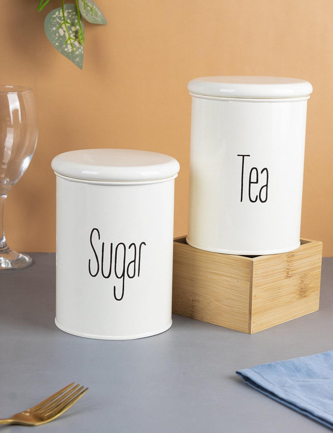 Tea & Sugar Jars - Set Of 2 (White, Each 900 mL) - MARKET 99