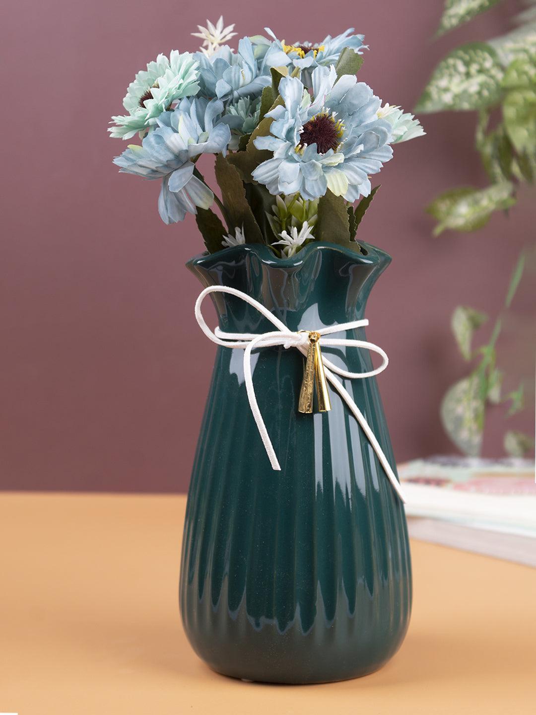 Vase with Tassel, Floral Mouth, Deep Sea Green, Ceramic - MARKET 99