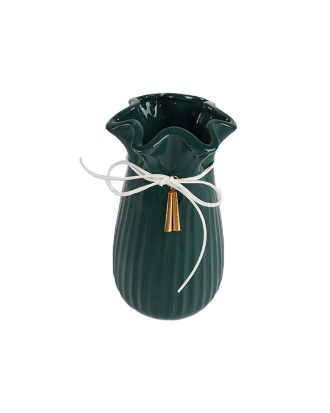 Vase with Tassel, Floral Mouth, Deep Sea Green, Ceramic - MARKET 99