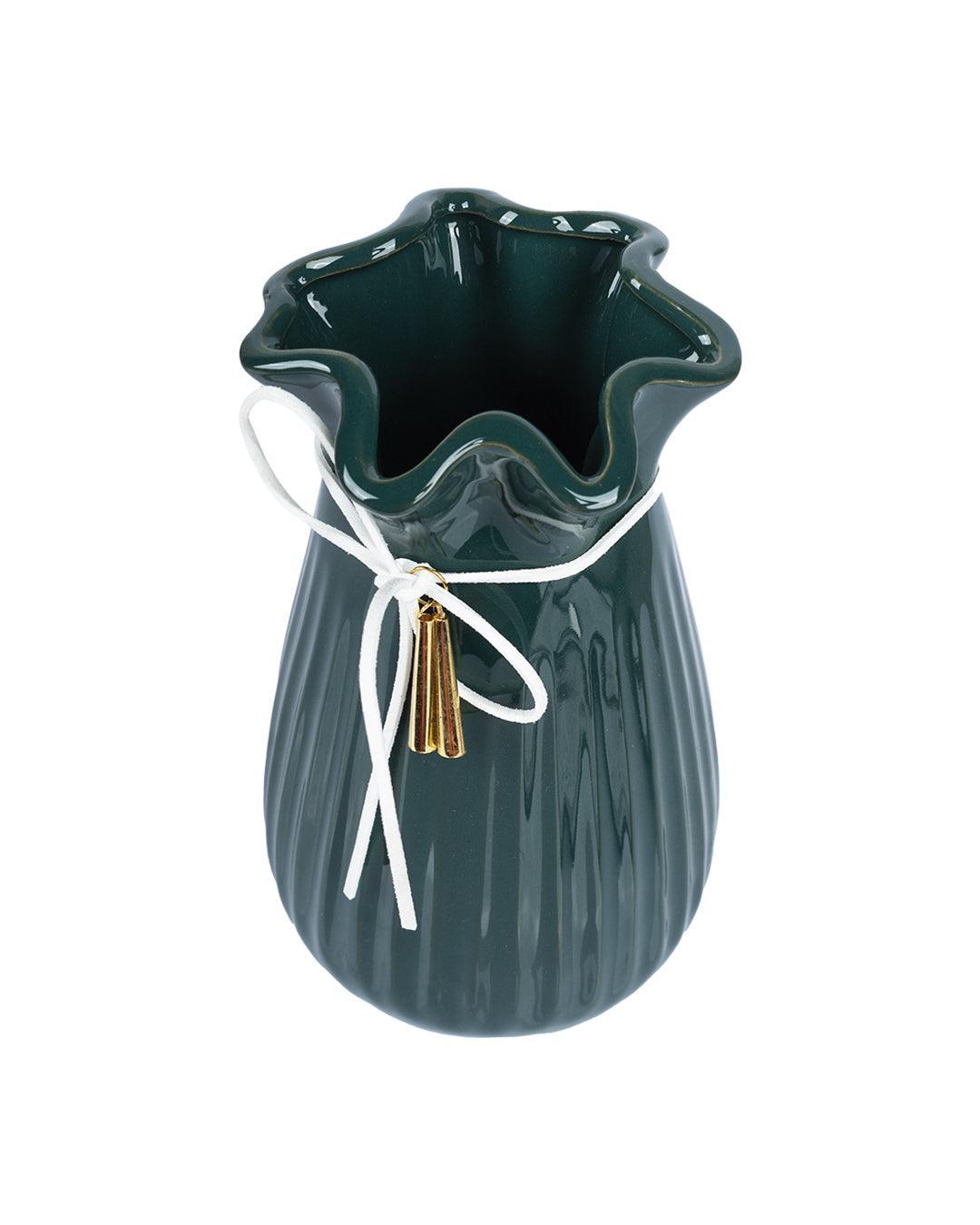 Vase with Tassel, Floral Mouth, Deep Sea Green, Ceramic - MARKET 99