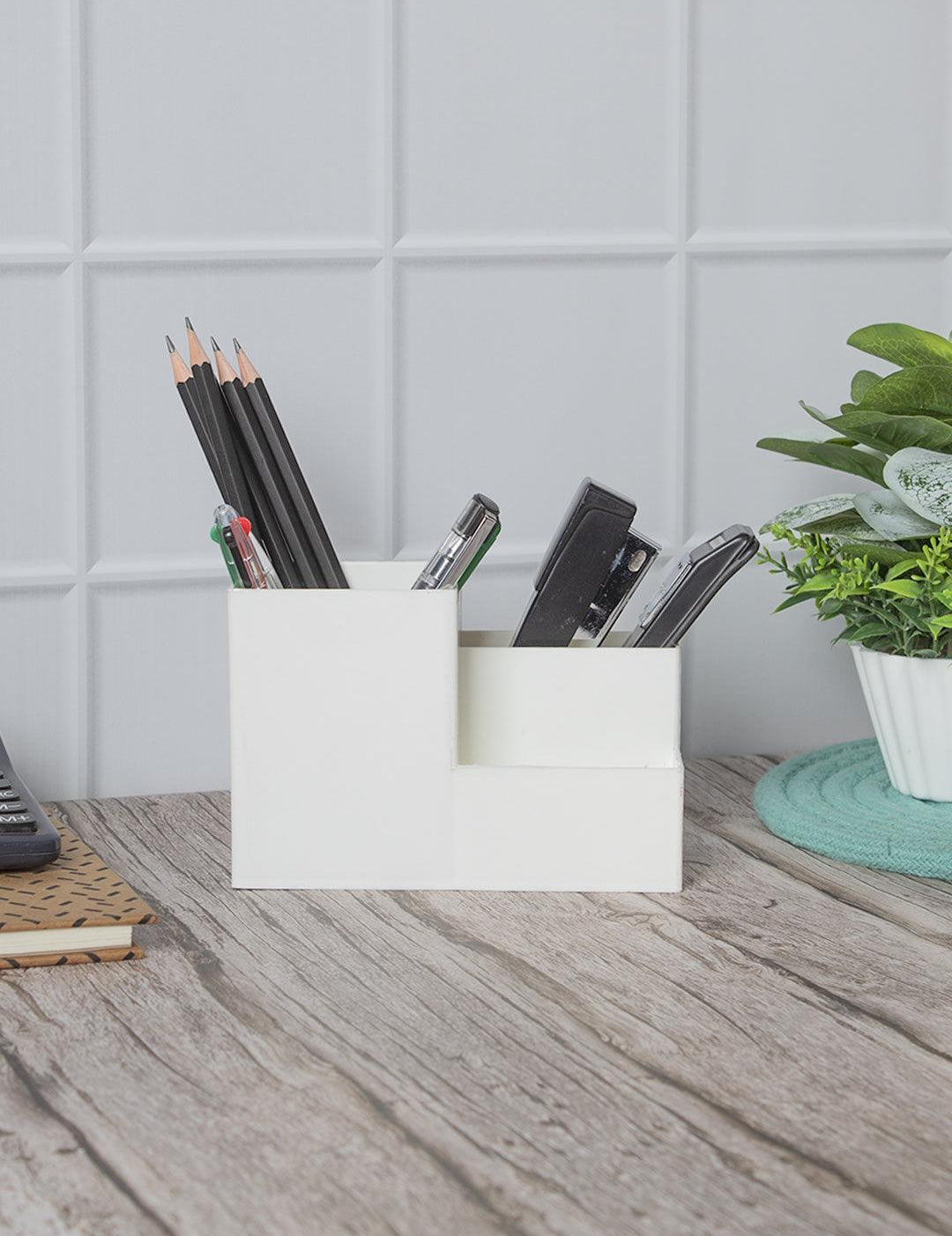 White Desk Organizer Pen Stand 3 Compartment