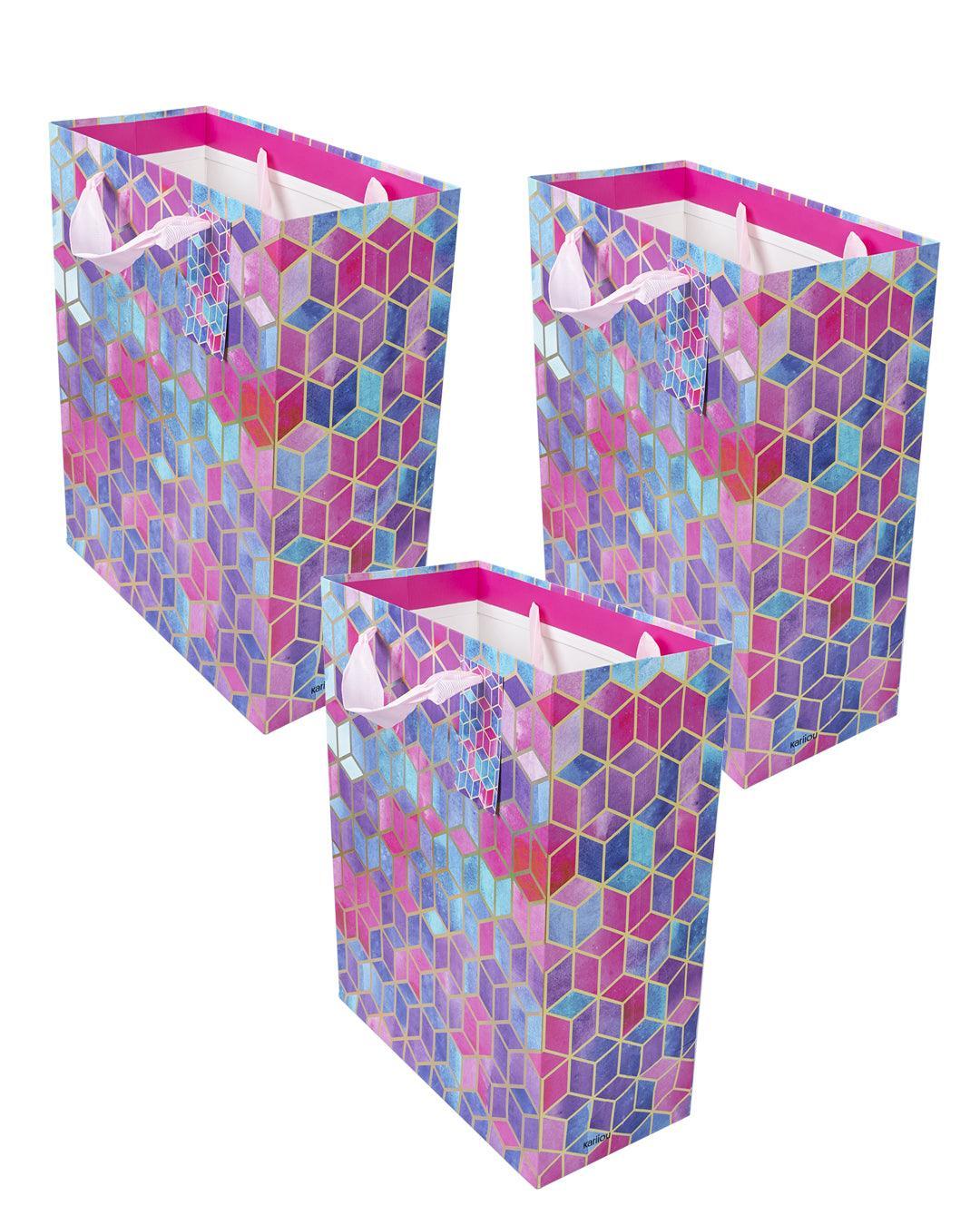 Gift Bag, 3D Tile Print, Medium, Paper Bag, Multicolor, Paper, Set of 3 - MARKET99