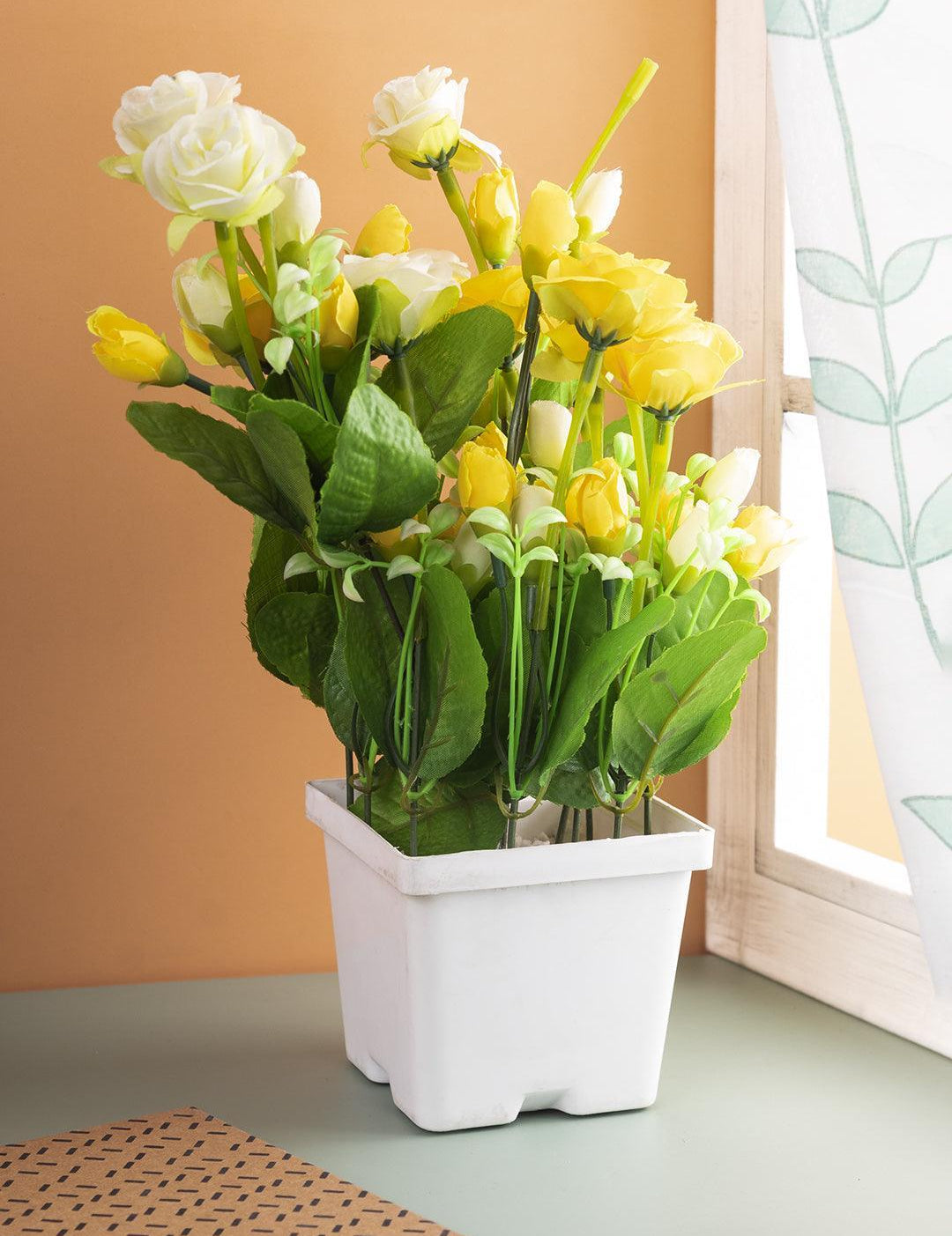 Artificial Plant with White Pot, Rose Flower Arrangement, Yellow, Plastic Plant - MARKET99