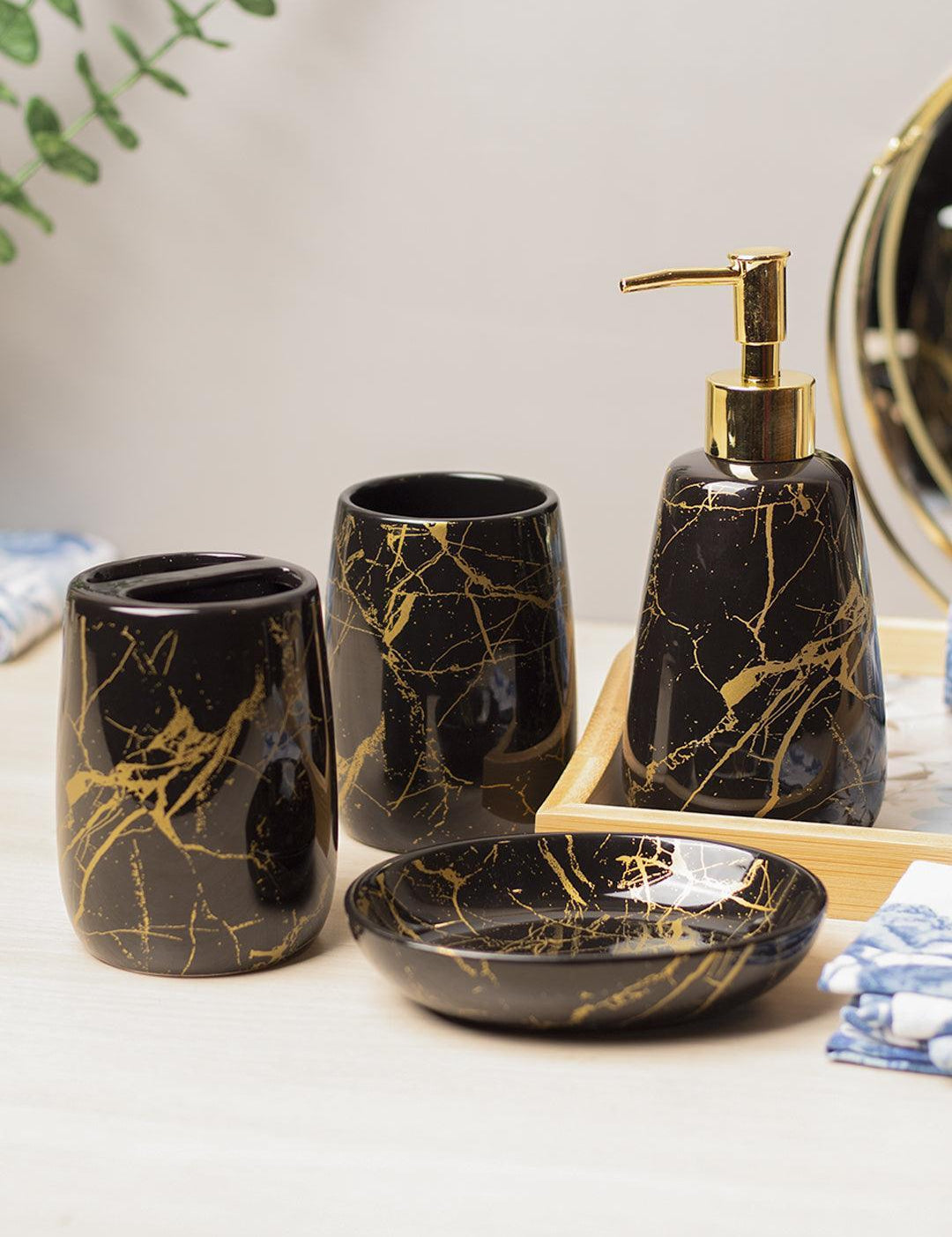 Black Ceramic Bathroom Set Of 4 - Stone Finish, Bath Accessories - 1