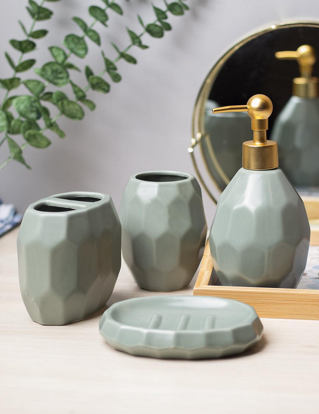 Green Ceramic Bathroom Set Of 4 - Stone Finish, Bath Accessories - 1