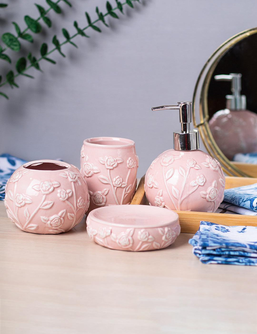 Pink Ceramic Bathroom Set Of 4 - Floral Design, Bath Accessories - 1