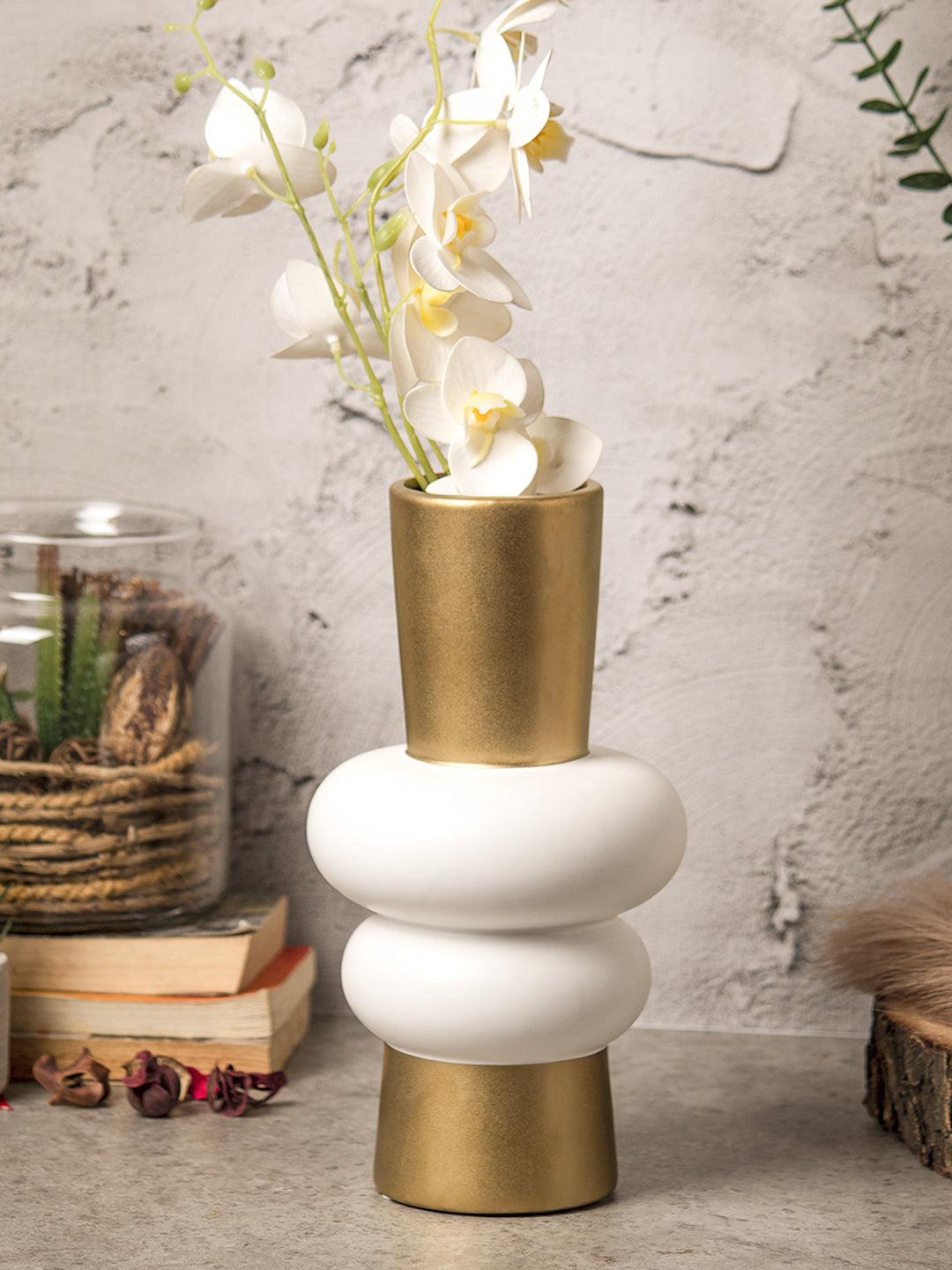 Stylish Ceramic Vase - Wooden, White & Golden, Contemporary Design