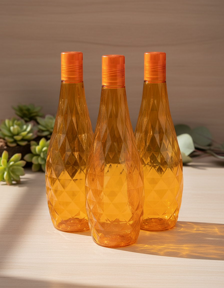 Fridge Water Bottle Set, Crystal Look, Orange Colour, Plastic, 1 L, Pack Of 3