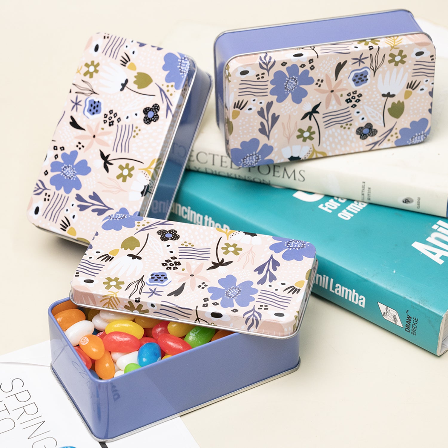 Floral Tin Storage Box - Set Of 3, Blue