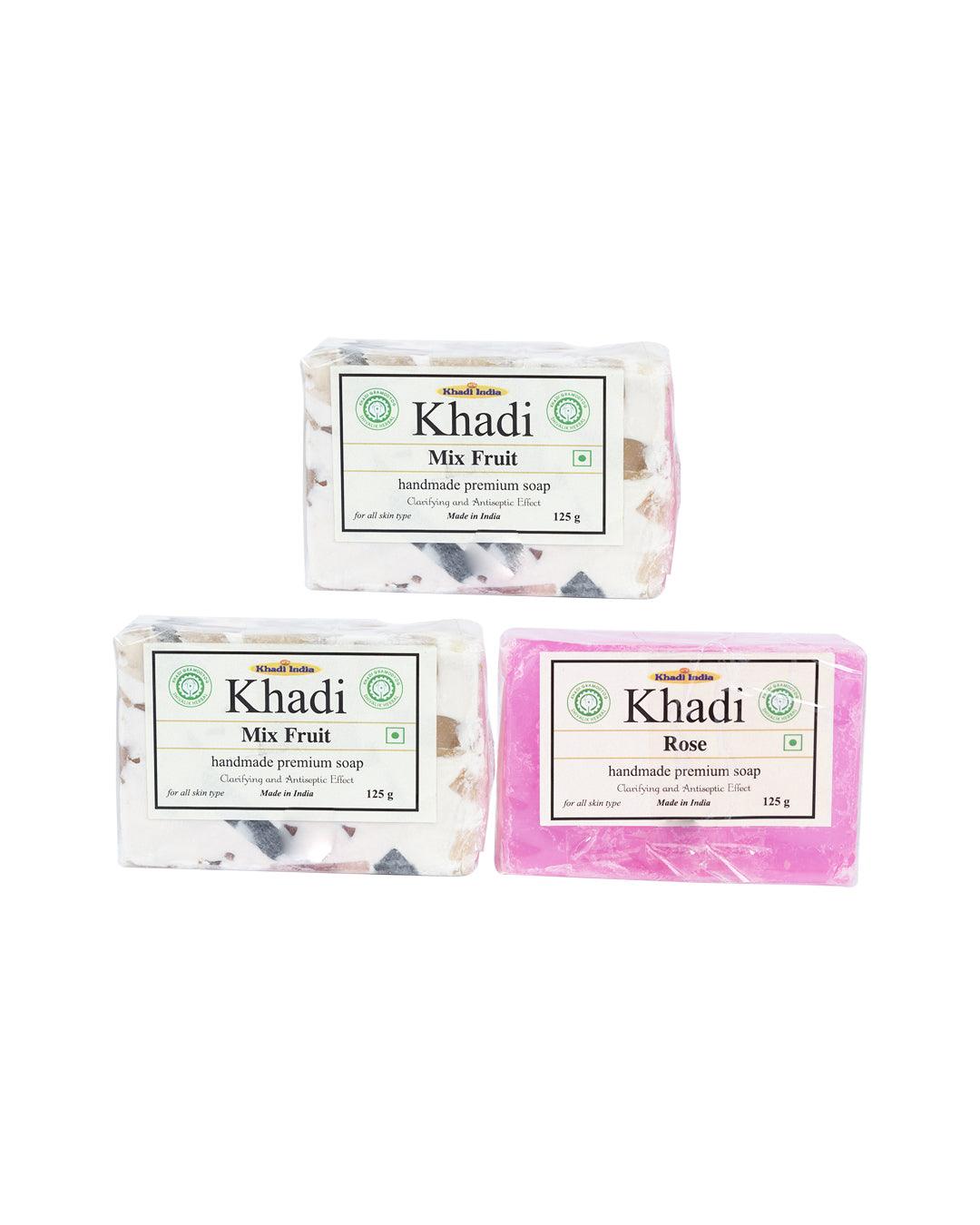 2 Khadi Mix Fruit Bar + 1 Khadi Rose Bar ( Pack Of 3 , Each 125g ) - MARKET 99