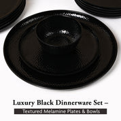 Black dinnerware set with textured melamine plates and bowls on a white background