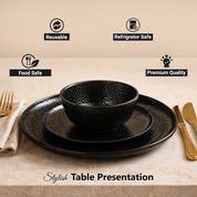 Black ceramic tableware set with gold cutlery on a beige background, featuring icons and text about product features.