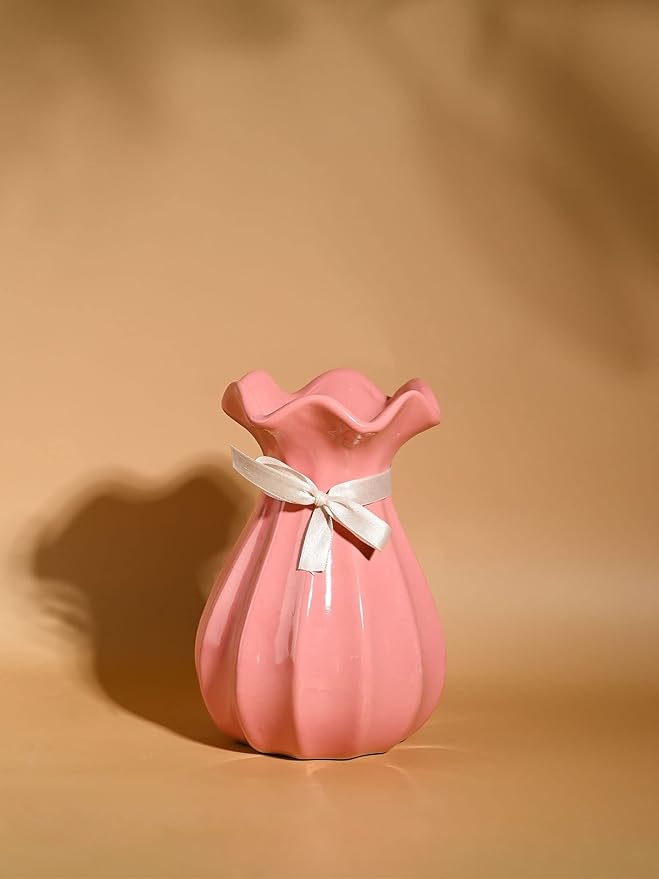 Vase with Bow, Floral Mouth, Pink, Ceramic