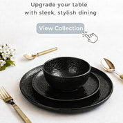 Black dinnerware set with gold utensils on a white surface, promotional text overlay.