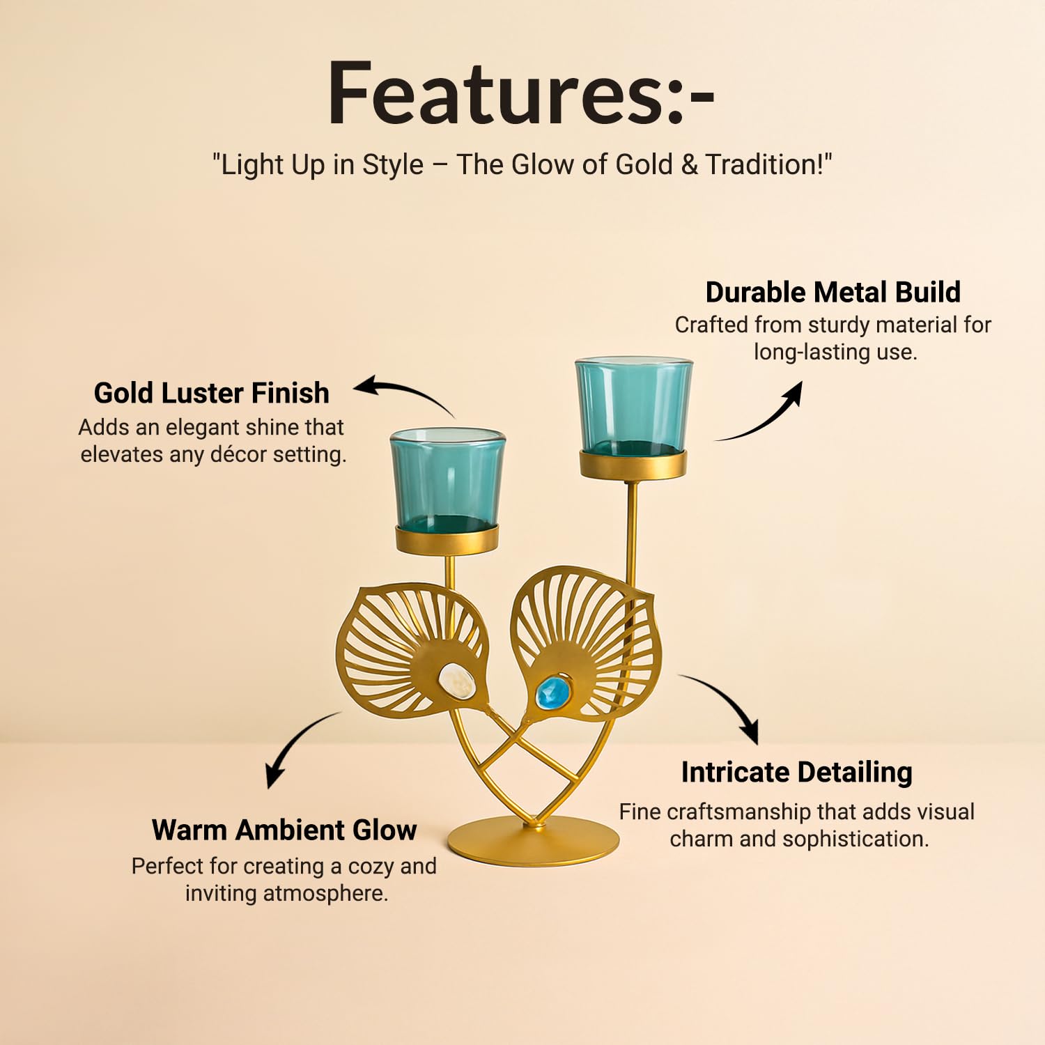 VON CASA Golden & Blue Glass T-Lite 2 Votive Holder