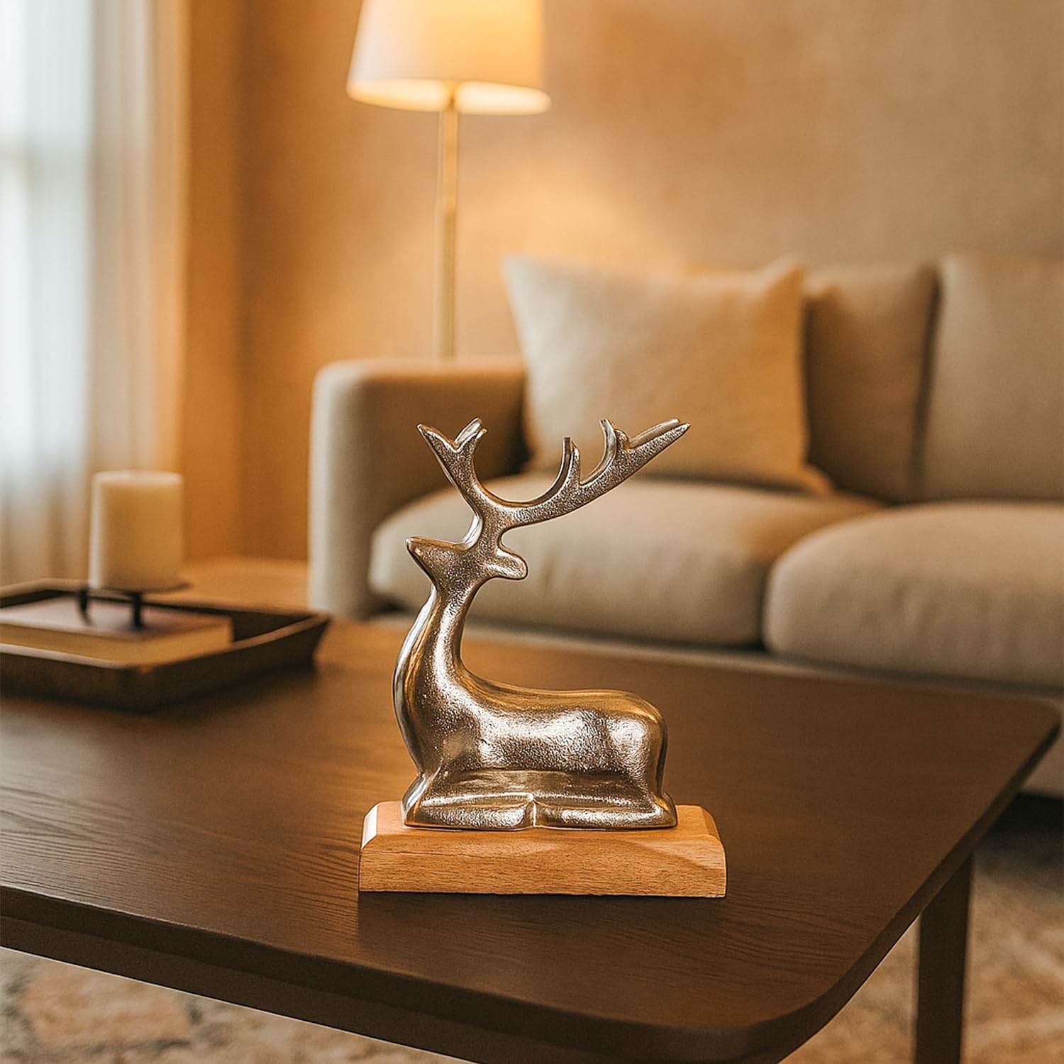 VON CASA Silver Sitting Deer with Wooden Stand