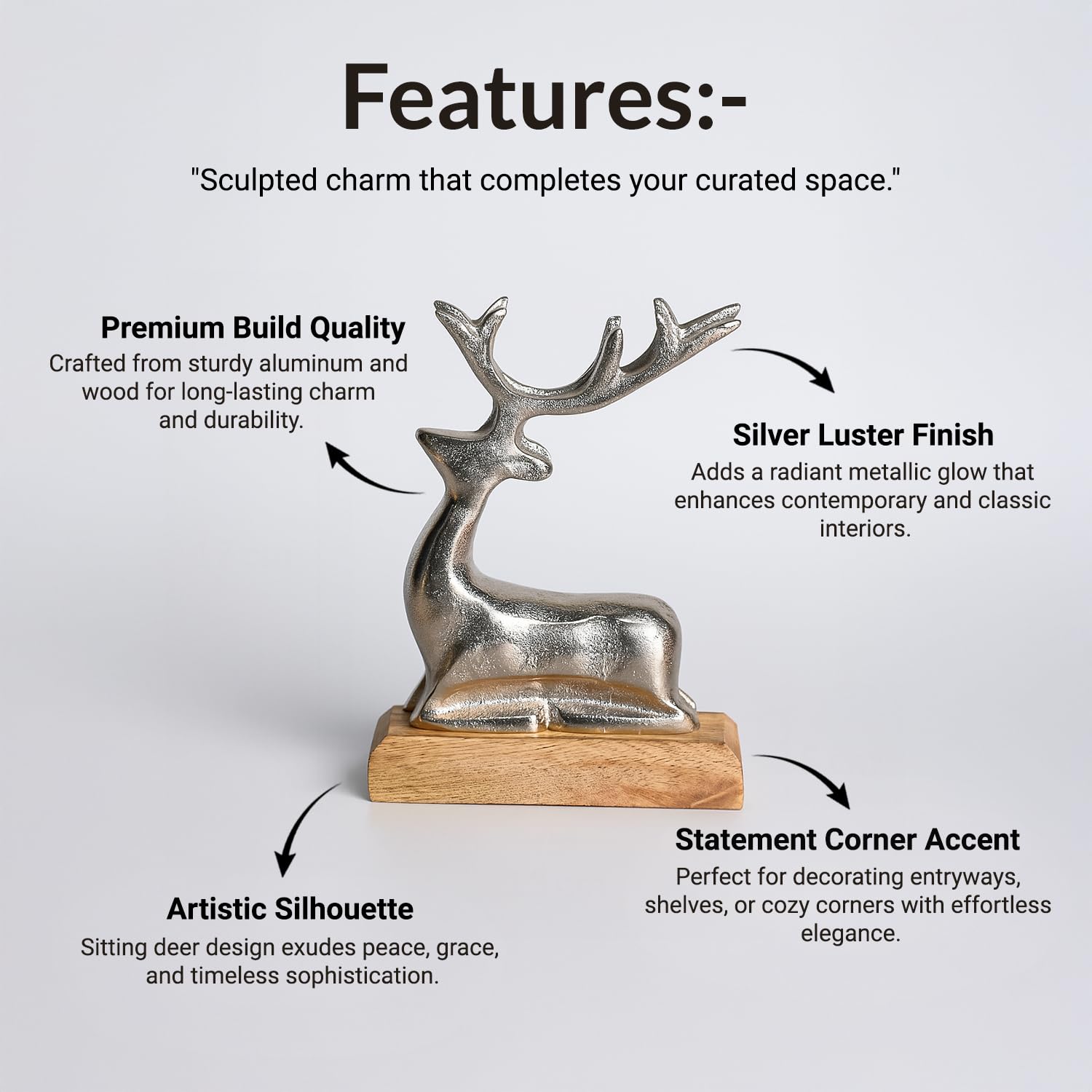 VON CASA Silver Sitting Deer with Wooden Stand