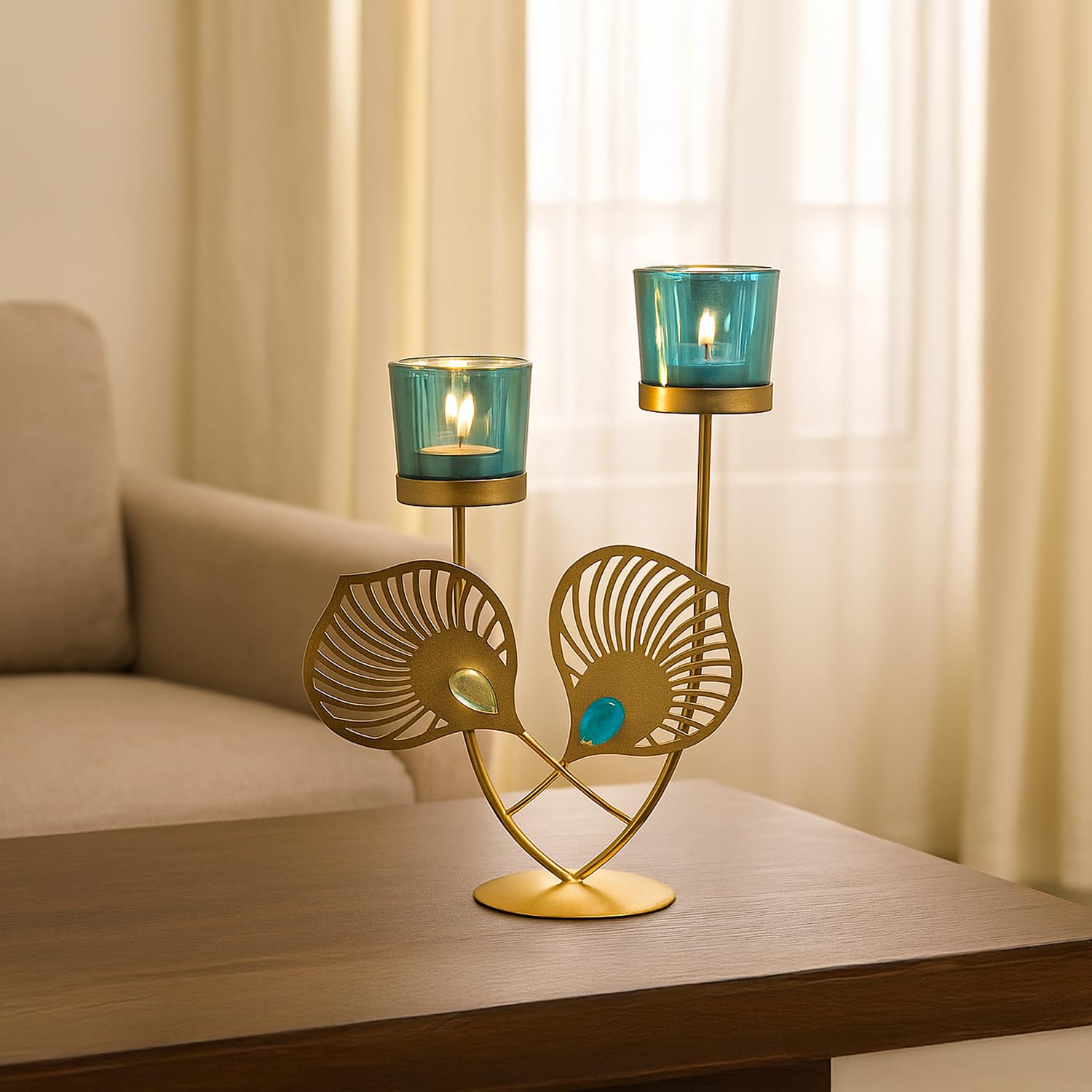 VON CASA Golden & Blue Glass T-Lite 2 Votive Holder