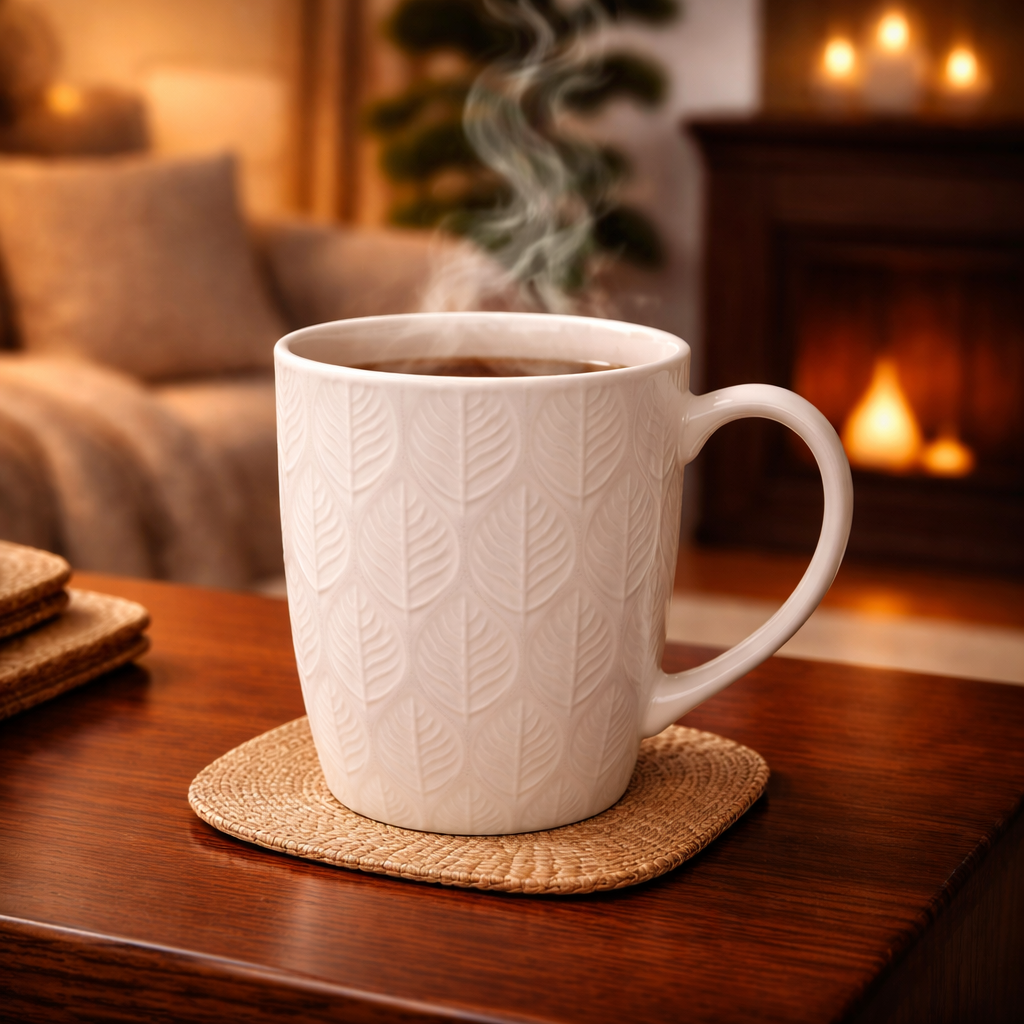 Ivory Ceramic Mug - 360Ml, Leaf Pattern