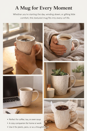 Ivory Ceramic Mug - 360Ml, Leaf Pattern