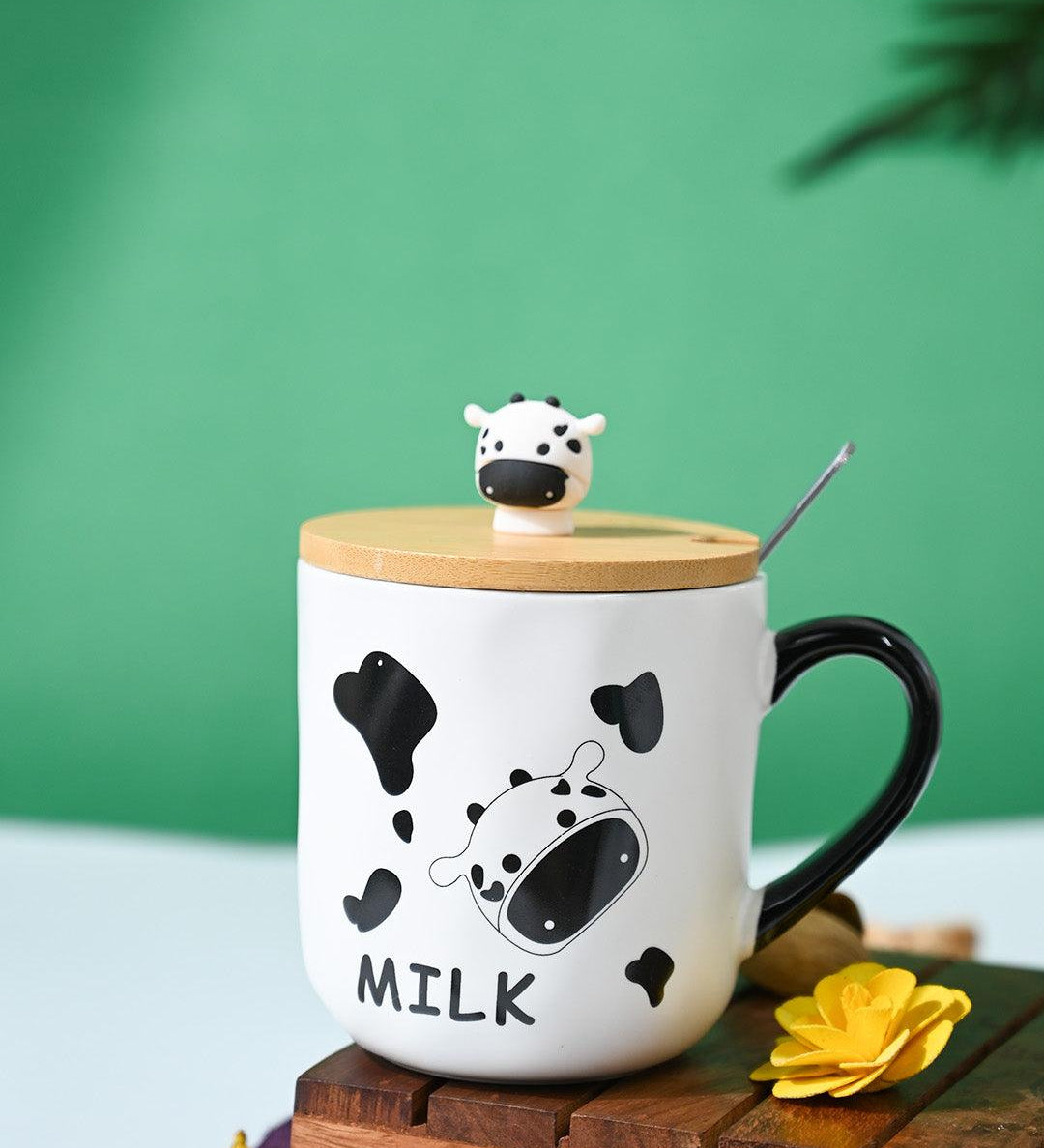 "MILK" Coffee Mug With Lid - 450mL, Mixing Spoon - MARKET99