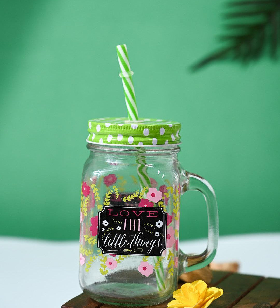 Mason Jar, with Straw & Lid, Green, Glass, 450 mL - MARKET99