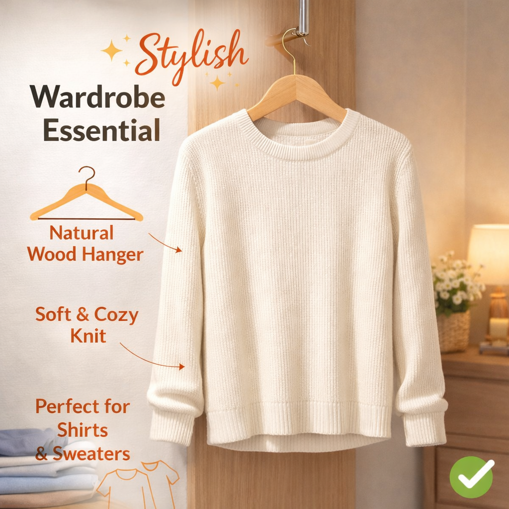 White sweater on a wooden hanger with text highlighting features, in a bedroom setting.