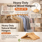Heavy Duty Natural Wood Hangers with packaging displaying features and benefits.