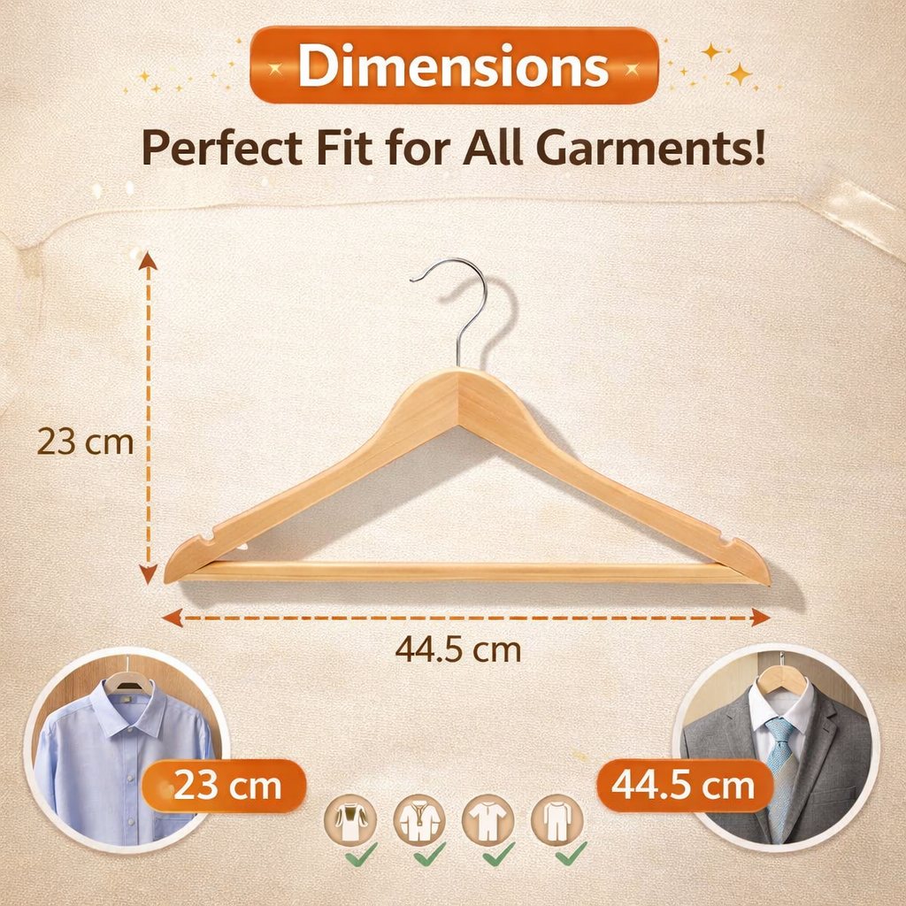 Wooden hanger with dimensions labeled on a beige background