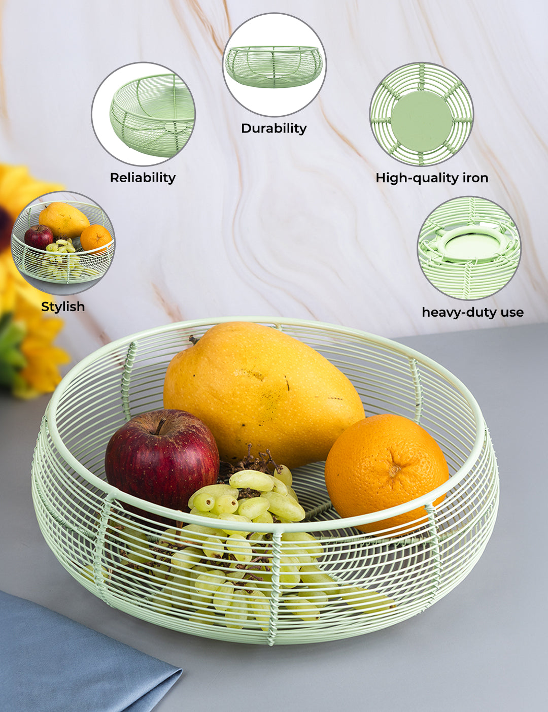 Market99 Metal Wire Countertop Fruit Bowl, Basket Holder Stand, For Home & Kitchen, Green Colour, Iron - MARKET99