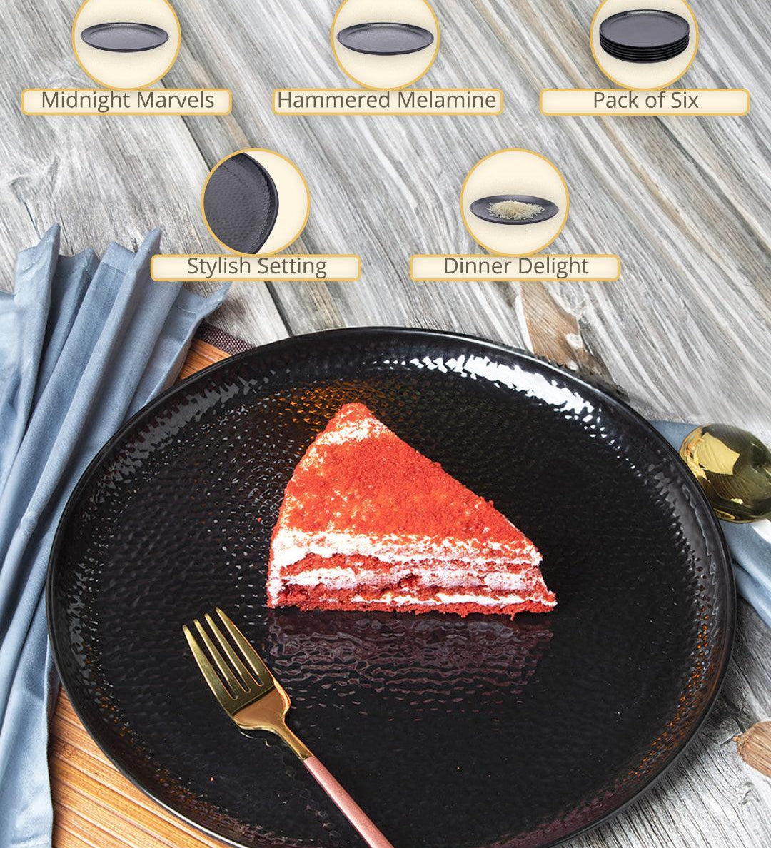 Round Full Plates, Black, Hammered Melamine, Pack Of 6 - MARKET99