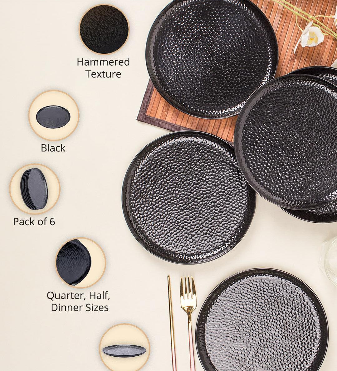 Round Quarter Plates, Half Plates, Dinner Set, Hammered Melamine, Black, Pack of 6 - MARKET99