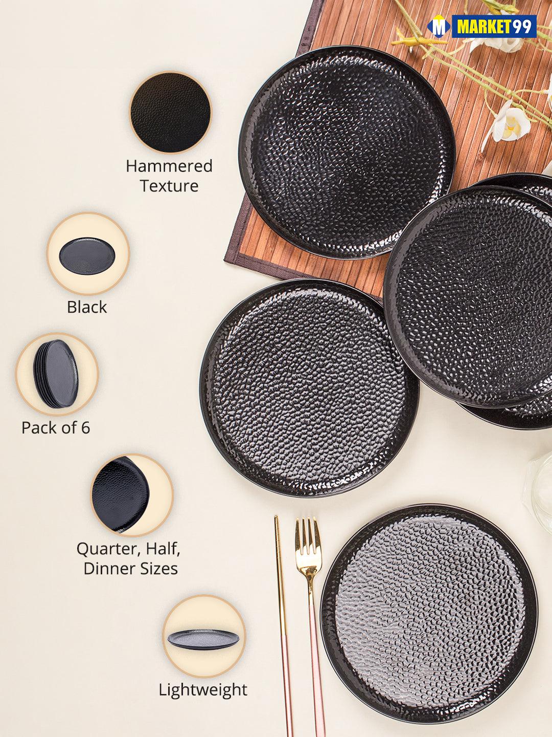 Round Quarter Plates, Half Plates, Dinner Set, Hammered Melamine, Black, Pack of 6 - MARKET99