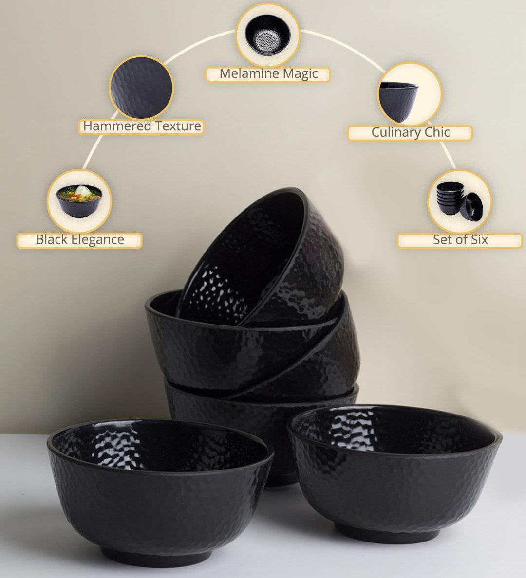 Soup Bowl, Hammered, Melamine, Black, Set of 6 - MARKET99