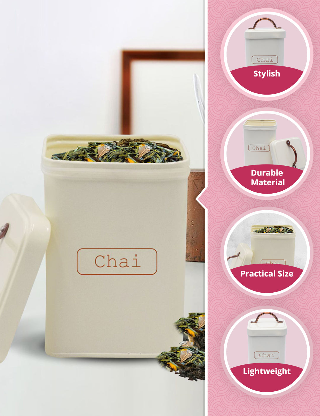 Market99 Chai Jar, Kitchen Decorative, Countertop Metal Storage Jar, Ivory, Mild Steel - MARKET99