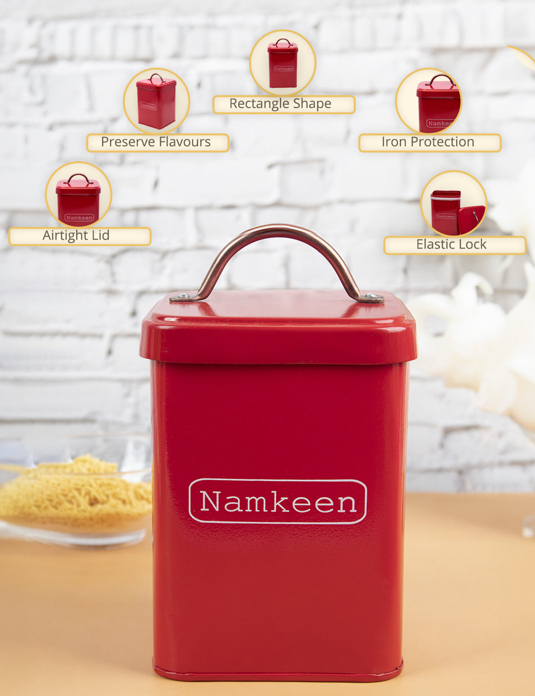 Market99 Namkeen Jar, Kitchen Decorative, Countertop Metal Storage Jar, Red, Mild Steel - MARKET99