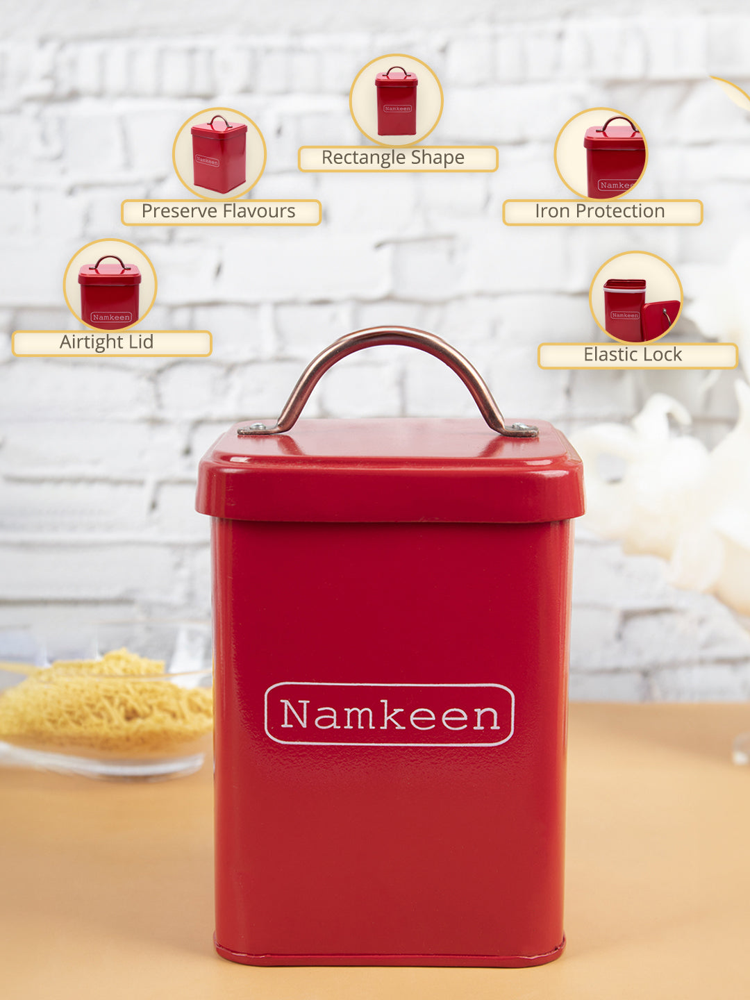 Market99 Namkeen Jar, Kitchen Decorative, Countertop Metal Storage Jar, Red, Mild Steel - MARKET99