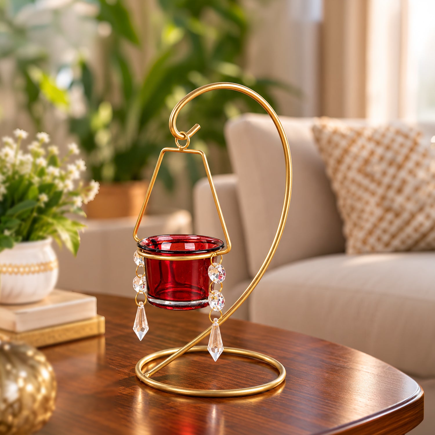 Market99 Hanging T-Light Candle Holder, Votive Holder, Red Votive, Gold Finish, Mild Steel