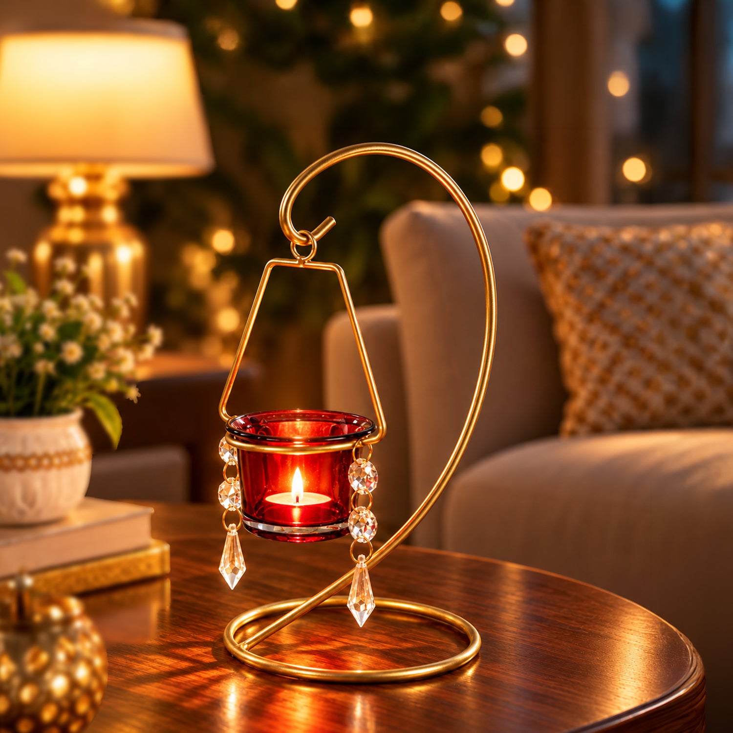 Market99 Hanging T-Light Candle Holder, Votive Holder, Red Votive, Gold Finish, Mild Steel