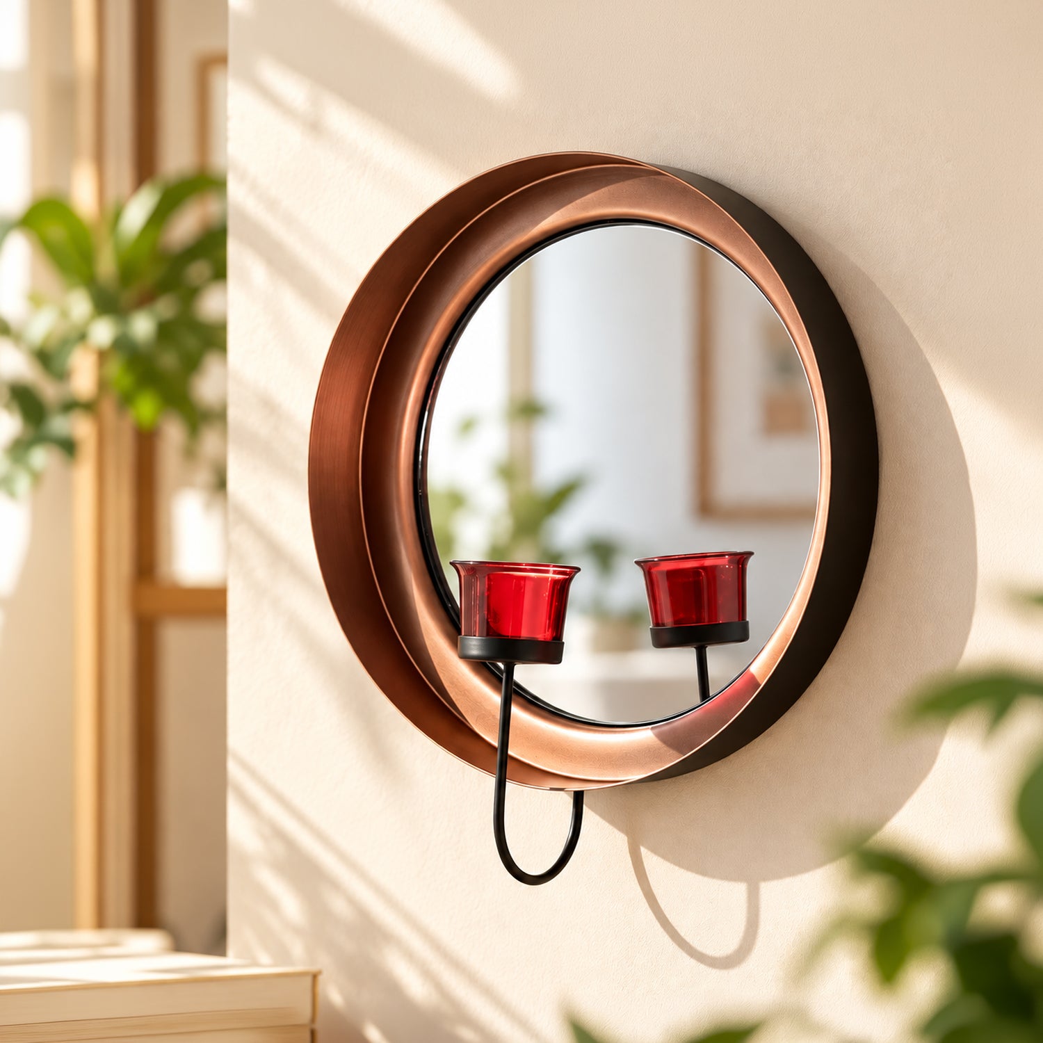 Market99 Wall Sconce T-Light Candle Holder, Votive Holder With Mirror, Metal Frame, Red Votive, Copper Finish, Mild Steel