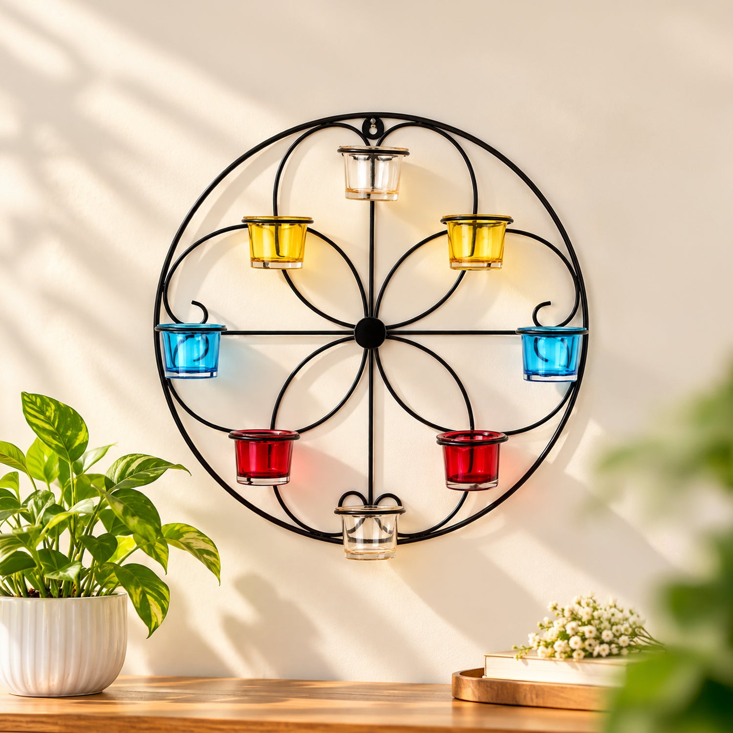 Market99 Wall Sconce, Multi-coloured Votives, 8 Votive T-Light Candle Holder, Black Finish, Mild Steel