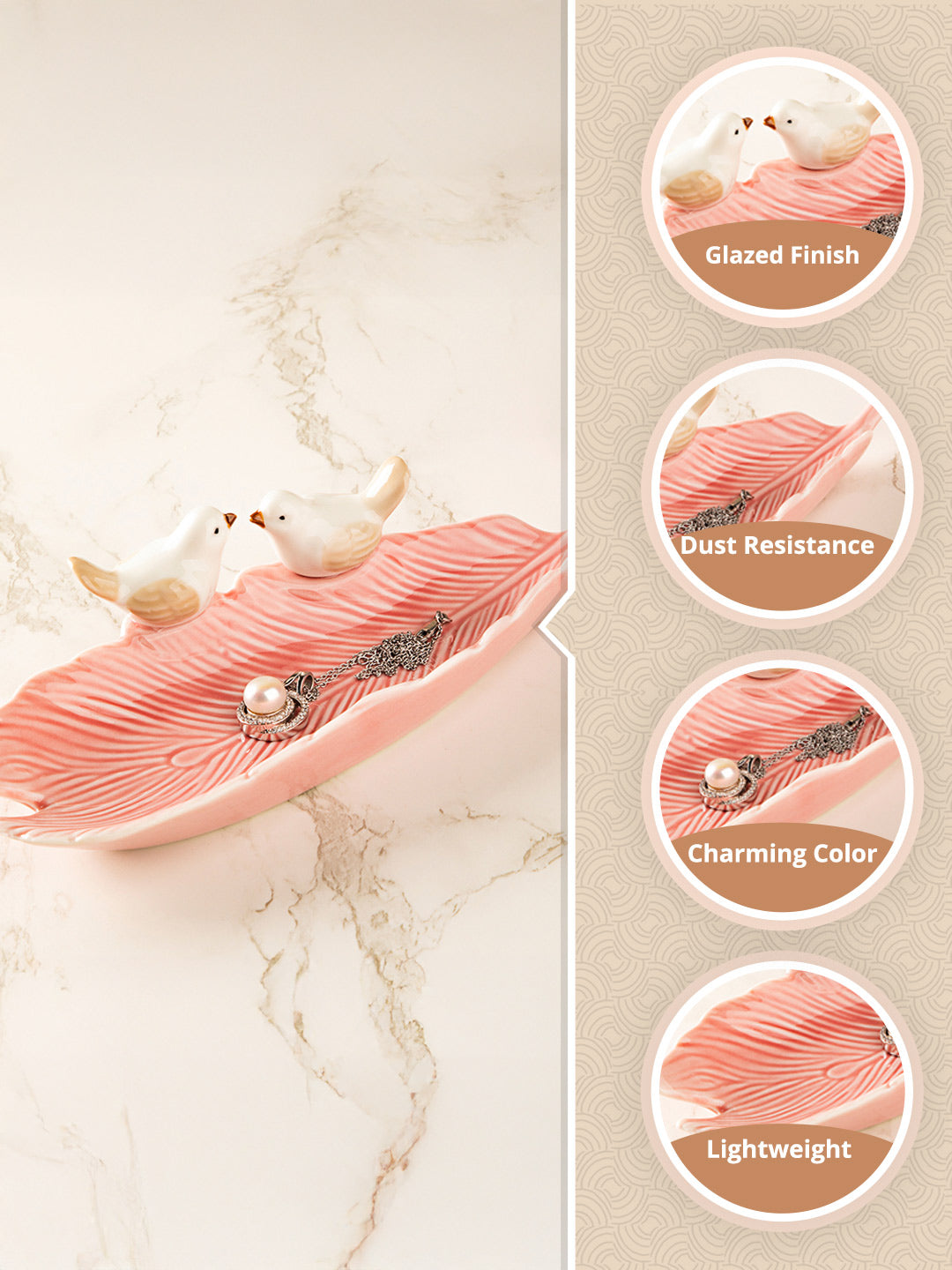 Jewellery Holder Tray, Crafted Bird, for Dressing Table, Ring Dash, Rectangular, Pink, Ceramic