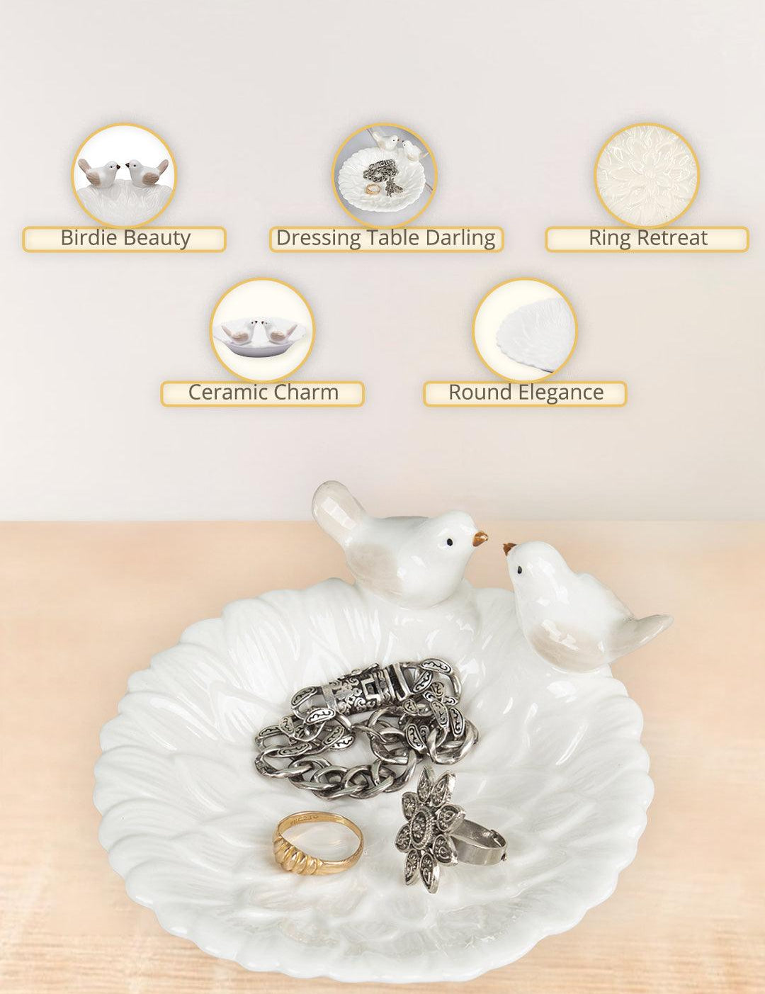 Jewellery Holder Tray, Crafted Bird, for Dressing Table, Ring Dash, Round, White, Ceramic - MARKET99