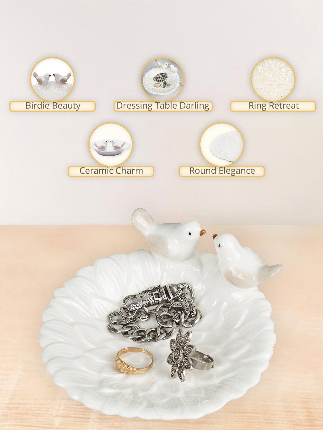 Jewellery Holder Tray, Crafted Bird, for Dressing Table, Ring Dash, Round, White, Ceramic