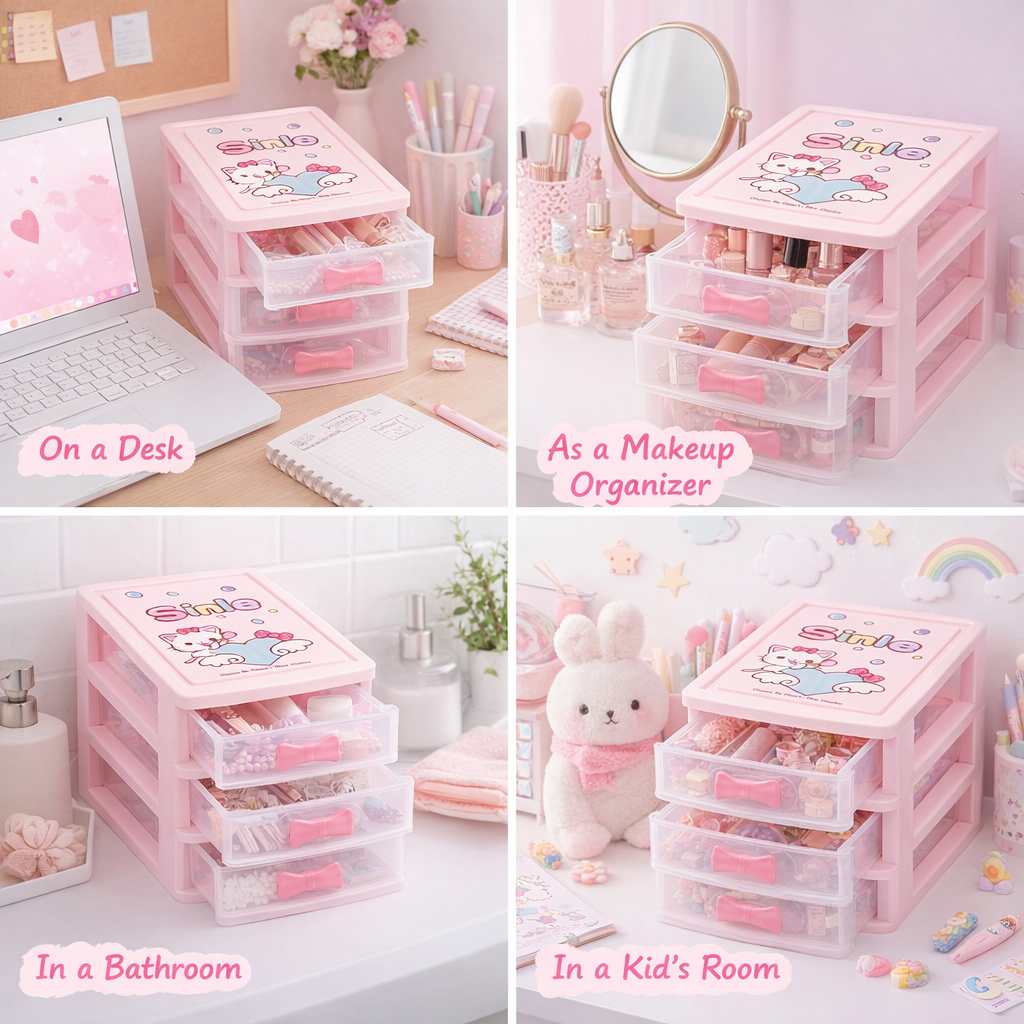 Table Drawer, Modern Design, 3 Layer Drawer, Pink, Plastic