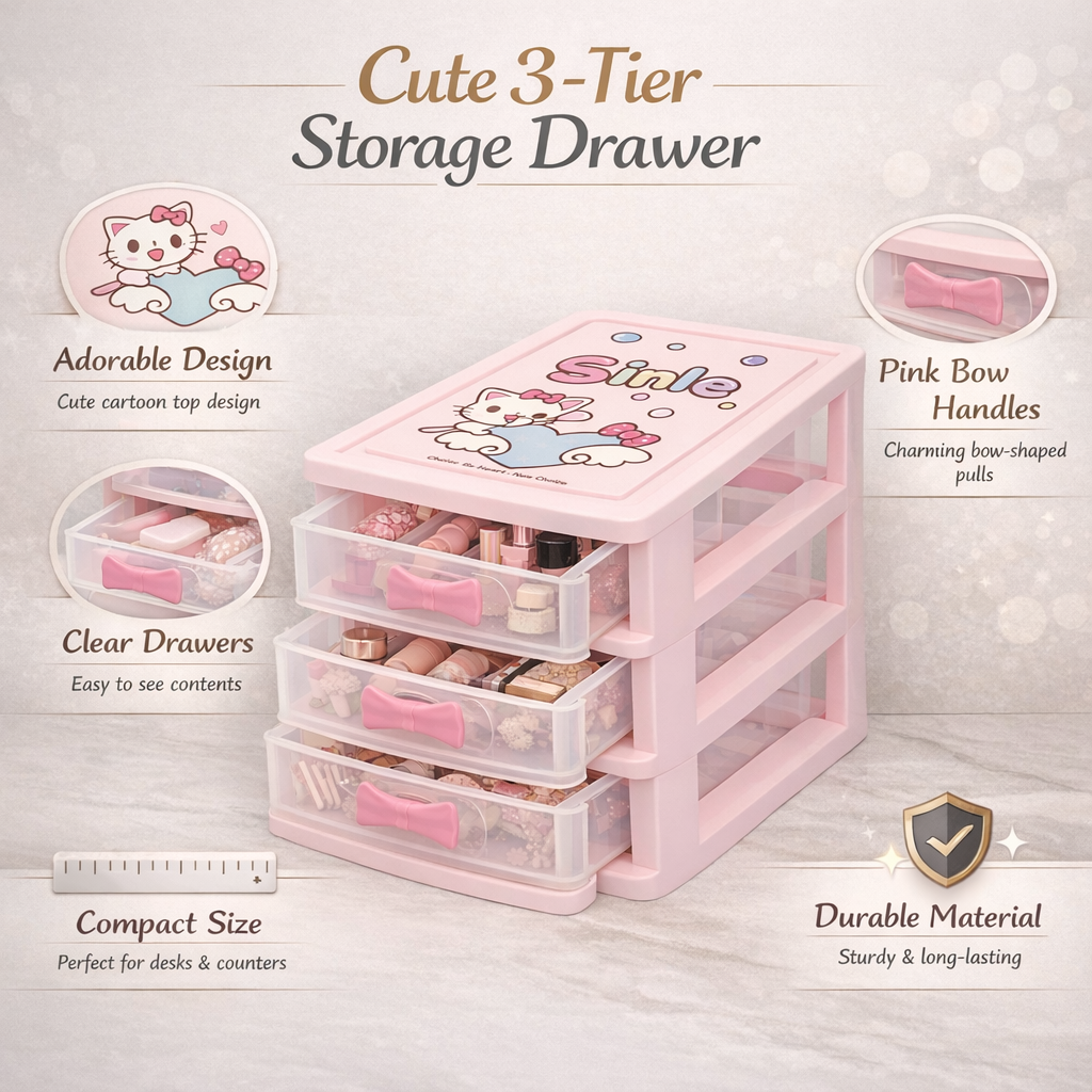 Table Drawer, Modern Design, 3 Layer Drawer, Pink, Plastic
