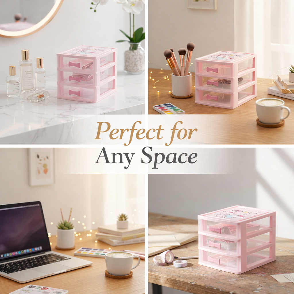 Table Drawer, Modern Design, 3 Layer Drawer, Pink, Plastic